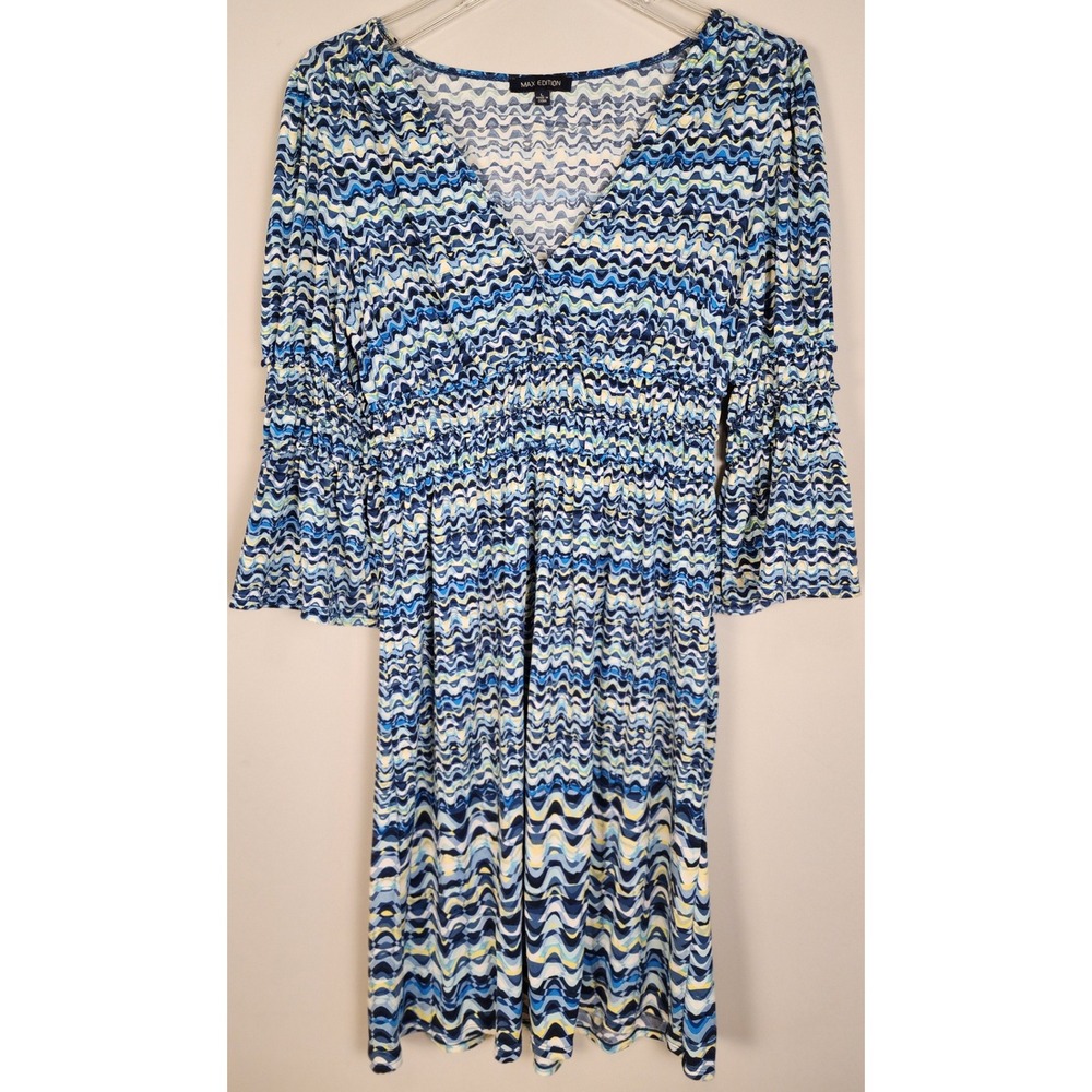 Max Edition Womens Sz L Flowy Boho Print Bell Sleeve Smocked Waist Midi Dress